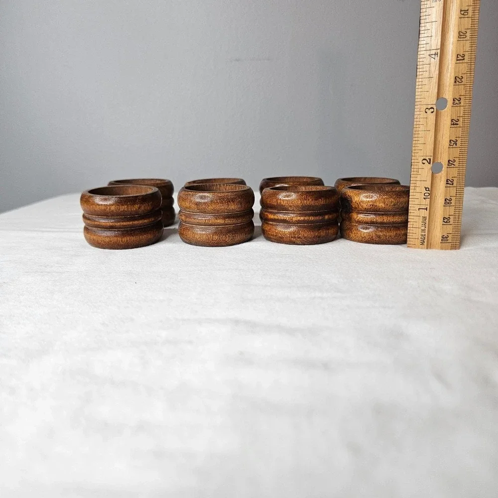 Vtg Knobler Wood Napkin Rings Set of 8 Ribbed Brown MCM Table Decor Taiwan Boho